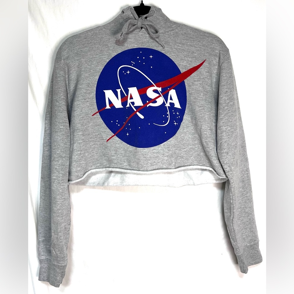 NASA Cropped Pullover Cotton Hoodie | Science Space Rocket Casual Cozy Raw Hem - Picture 2 of 9